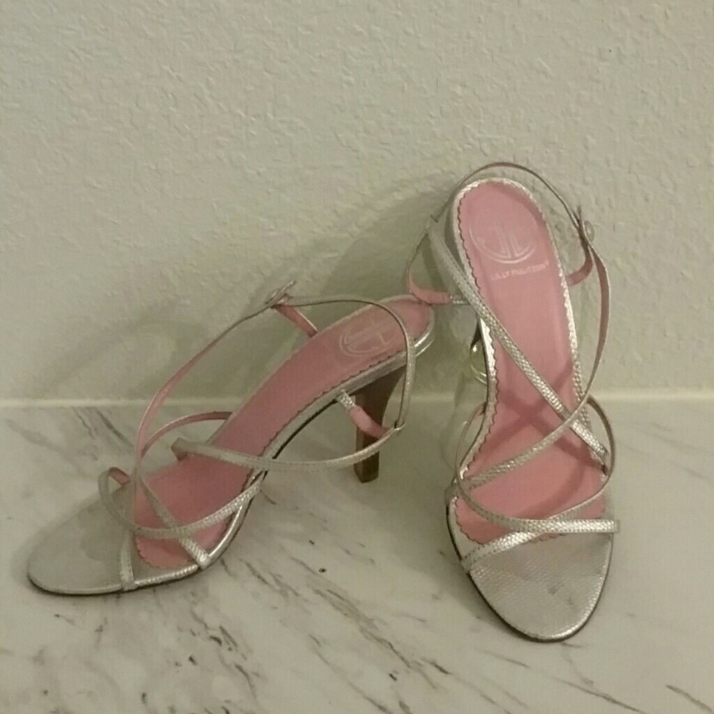 LILLY PULITZER Silver Srappy 3 1/2 inch Heels Sz 6